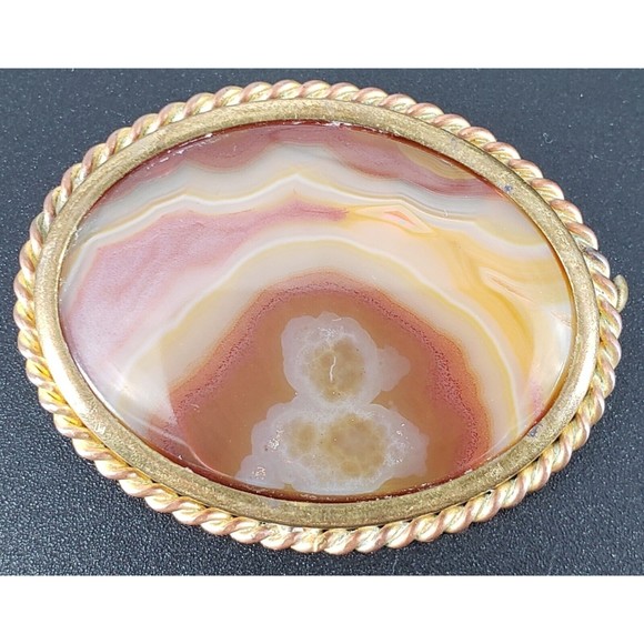 Antique Victorian Natural Brown Banded Agate Gold Tone Oval Brooch - Picture 1 of 9